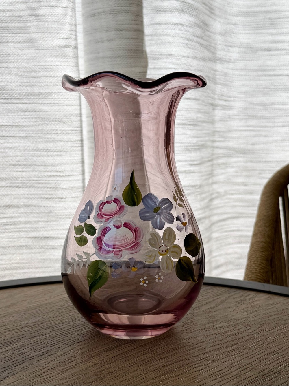 Fenton Light Pink 8 Inch Vase With Handpainted Floral